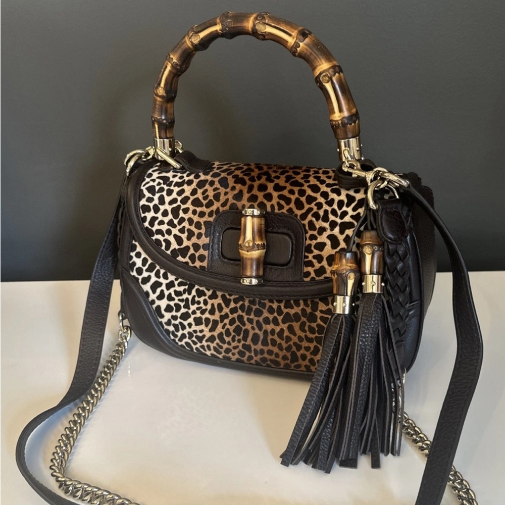 Gucci Ponyhair Leopard Print Leather Handbag with Bamboo Handle